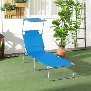 Blaue Outdoor-Liege mit Sonnenschutz, klappbar