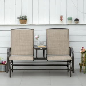 Outdoor-Sitzbank mit Mitteltisch, Metallgestell, atmungsaktivem Mesh, Armlehn...