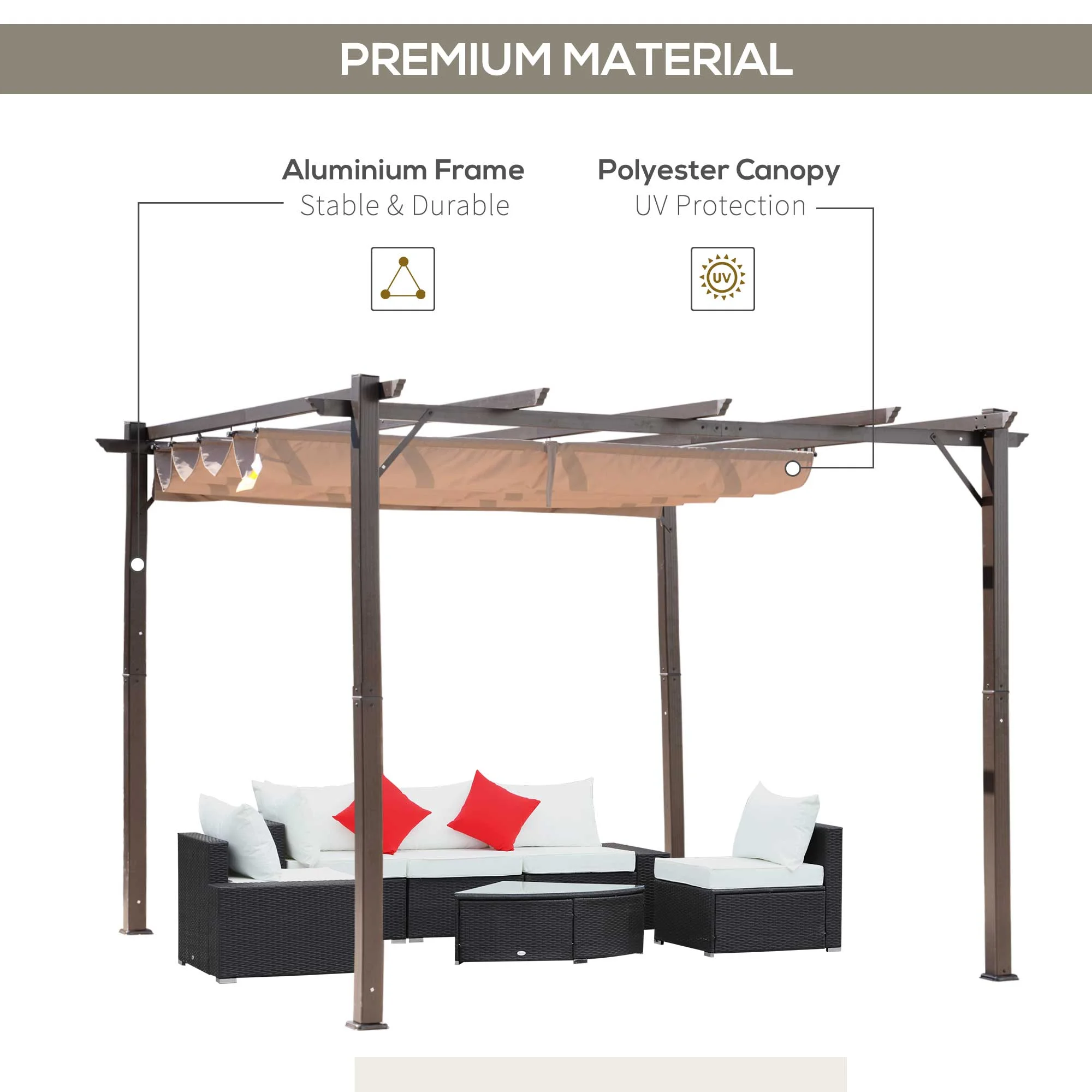 CampGlut Aluminiumpavillon in Braun mit einziehbarem Dach fuer Outdoor.