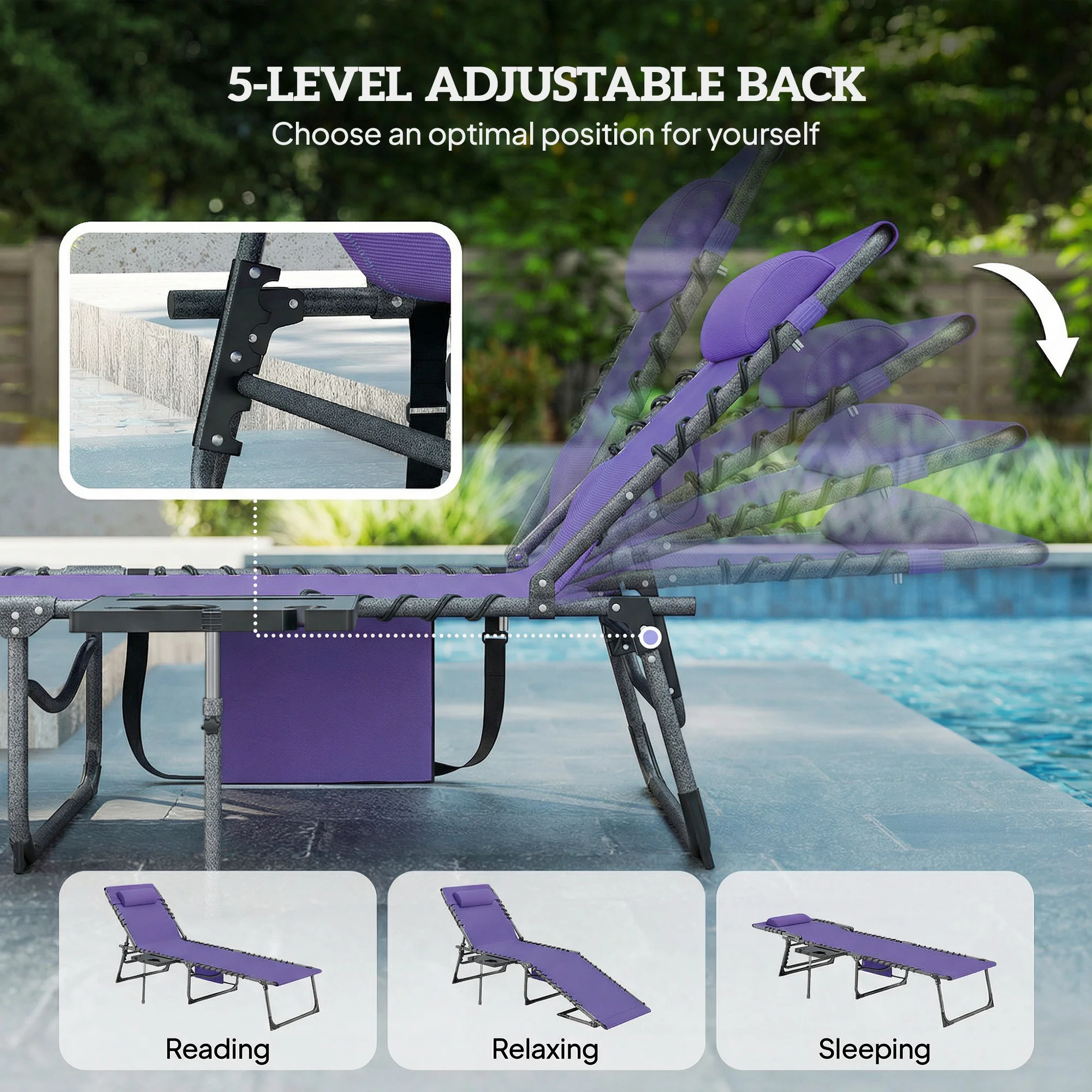 Chaise longue pliante d'extérieur avec dossier réglable sur 5 positions, table d'appoint - Imagen 6