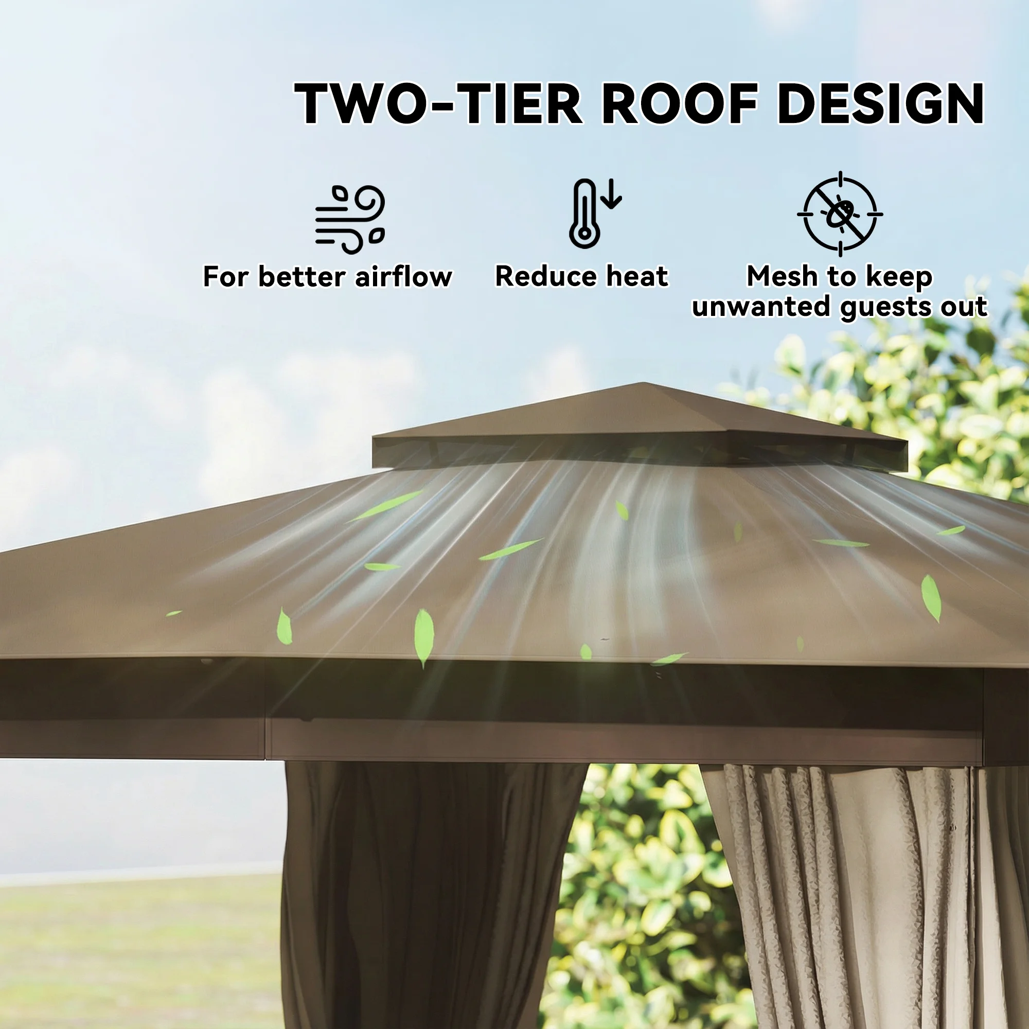 10 x 10 Outdoor Pavilion, Soft Top with Curtains, Netting, Steel Frame, Hooks, Khaki – Image 6