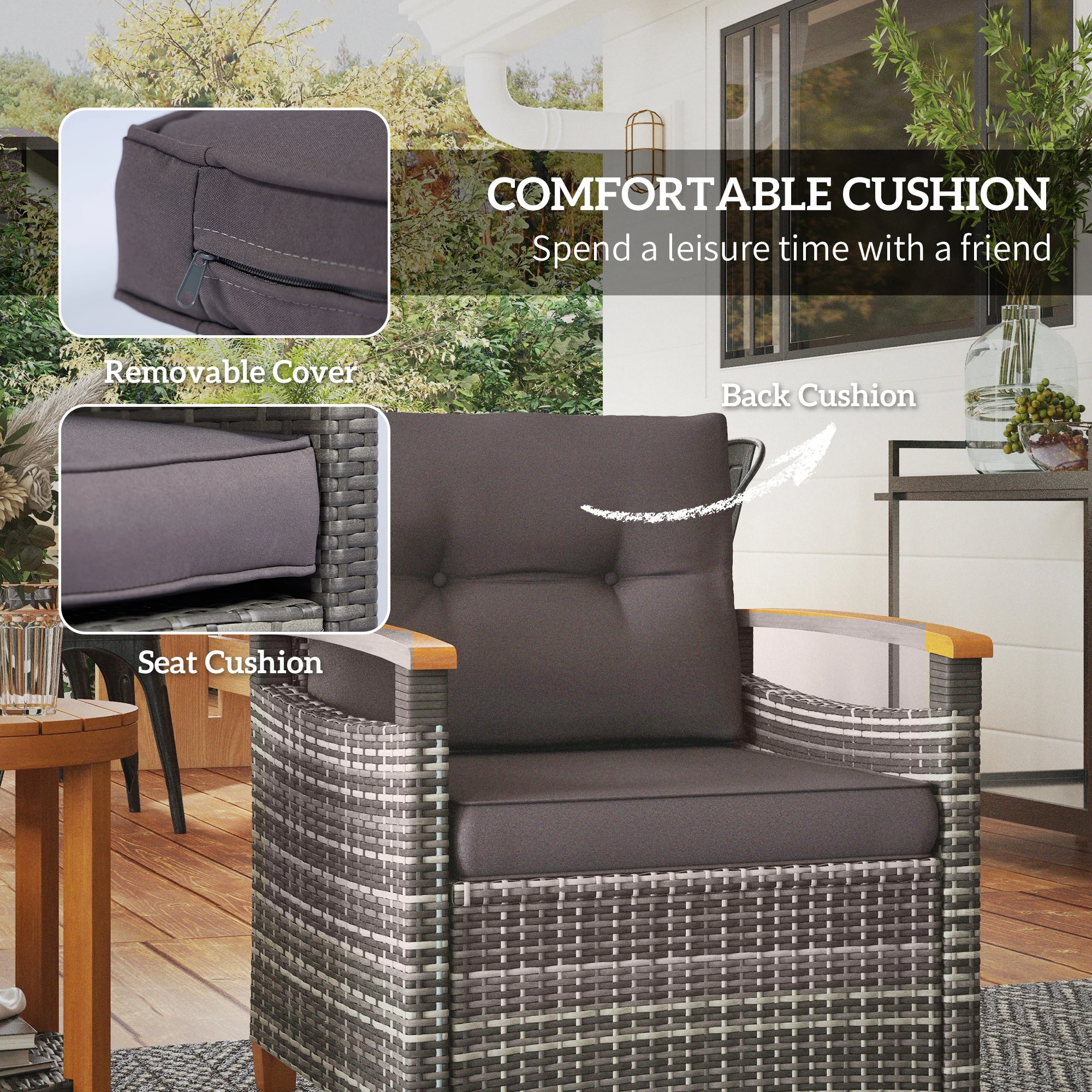 Outdoor Bistro-Set aus Rattan mit Polstern für Terrasse, Garten, Grau – Bild 7