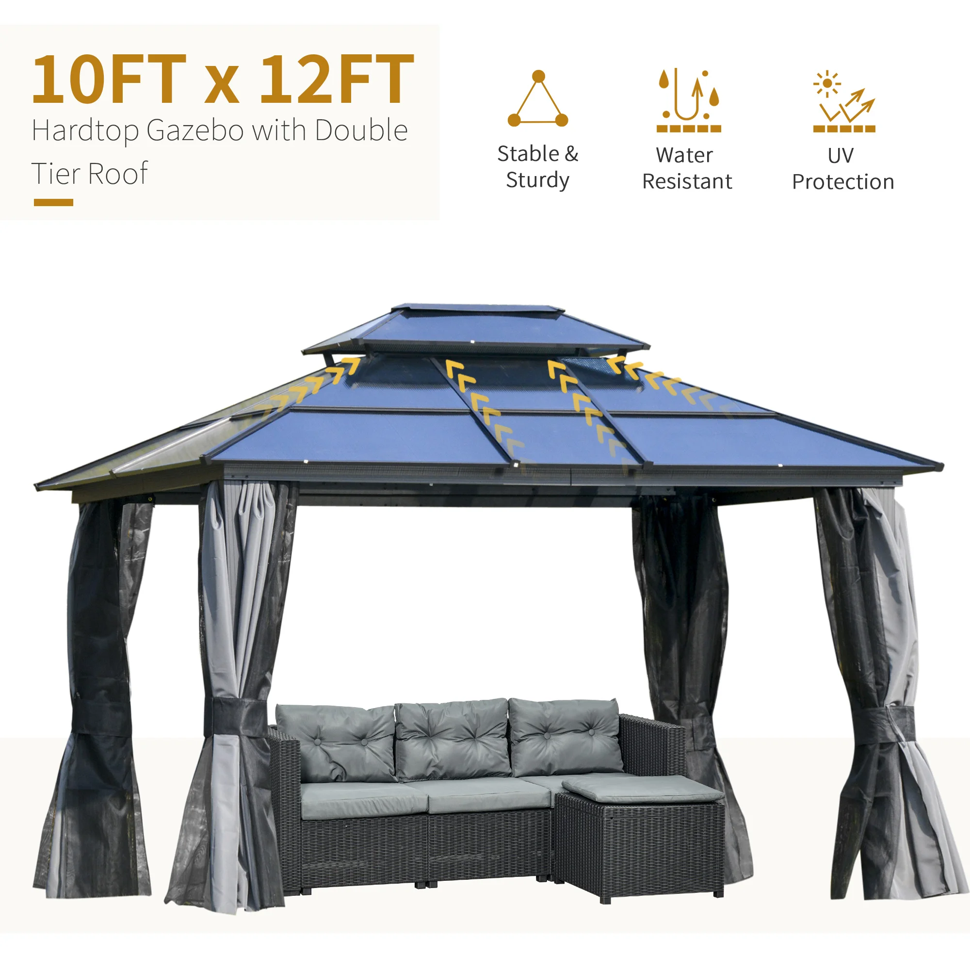 10 x 12 Hardtop-Pavillon mit Polycarbonat-Dach, Alurahmen, Netzschutz, hellgrau – Bild 3
