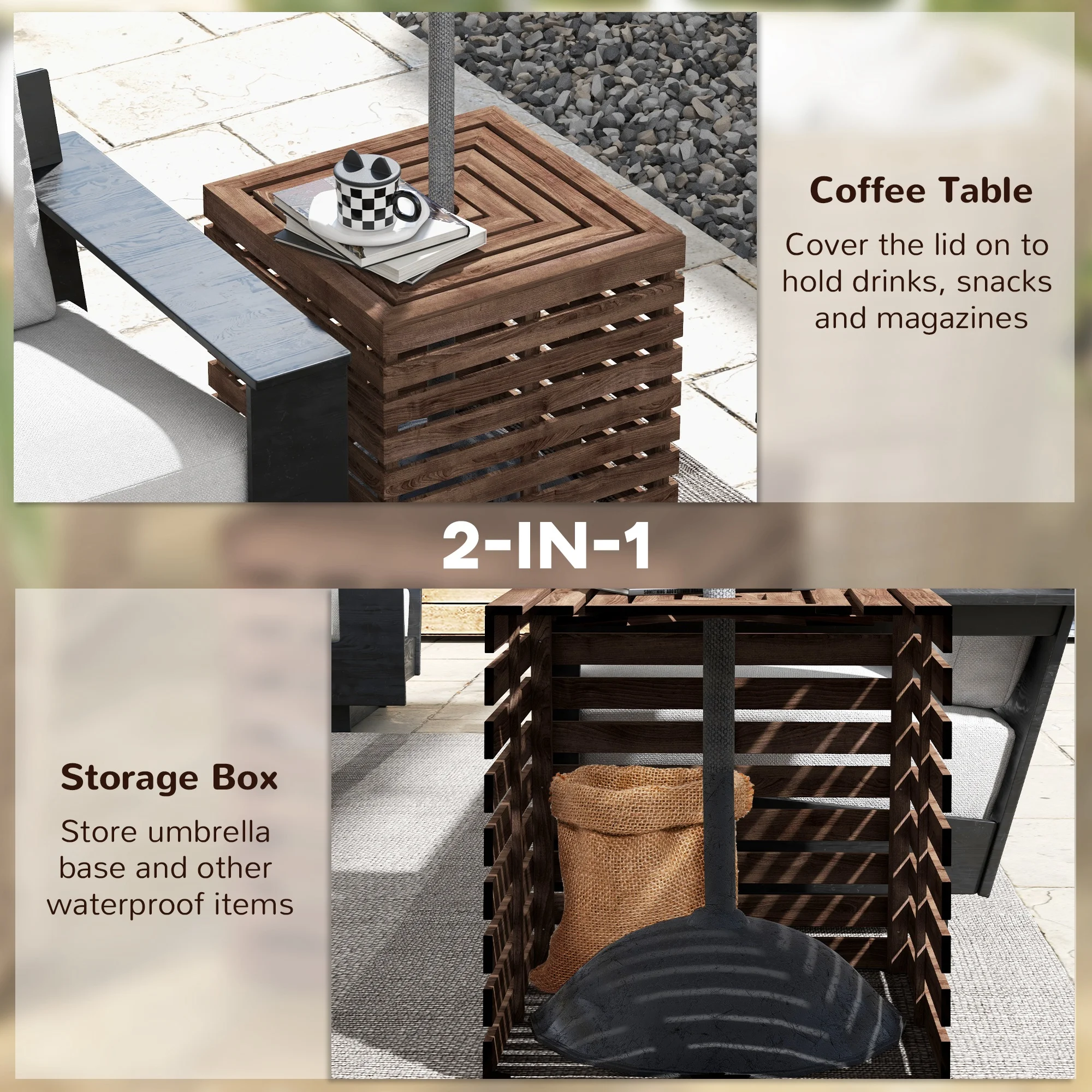 2-in-1 Outdoor Schirmständer Aufbewahrungsbox, Holz Gartentisch, Braun – Bild 6