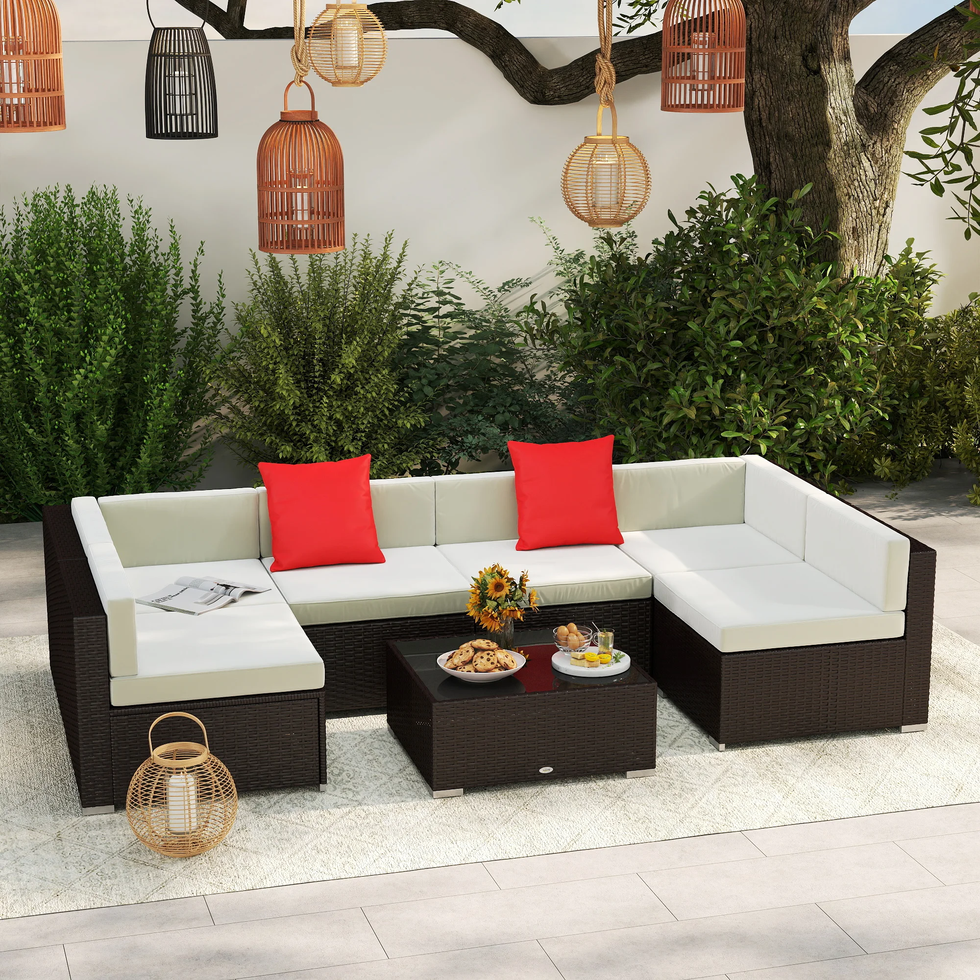 7-teiliges Outdoor-Sofa-Set mit Polstern, PE-Rattan, 75 cm Sitzmodul, Glastis... – Bild 3