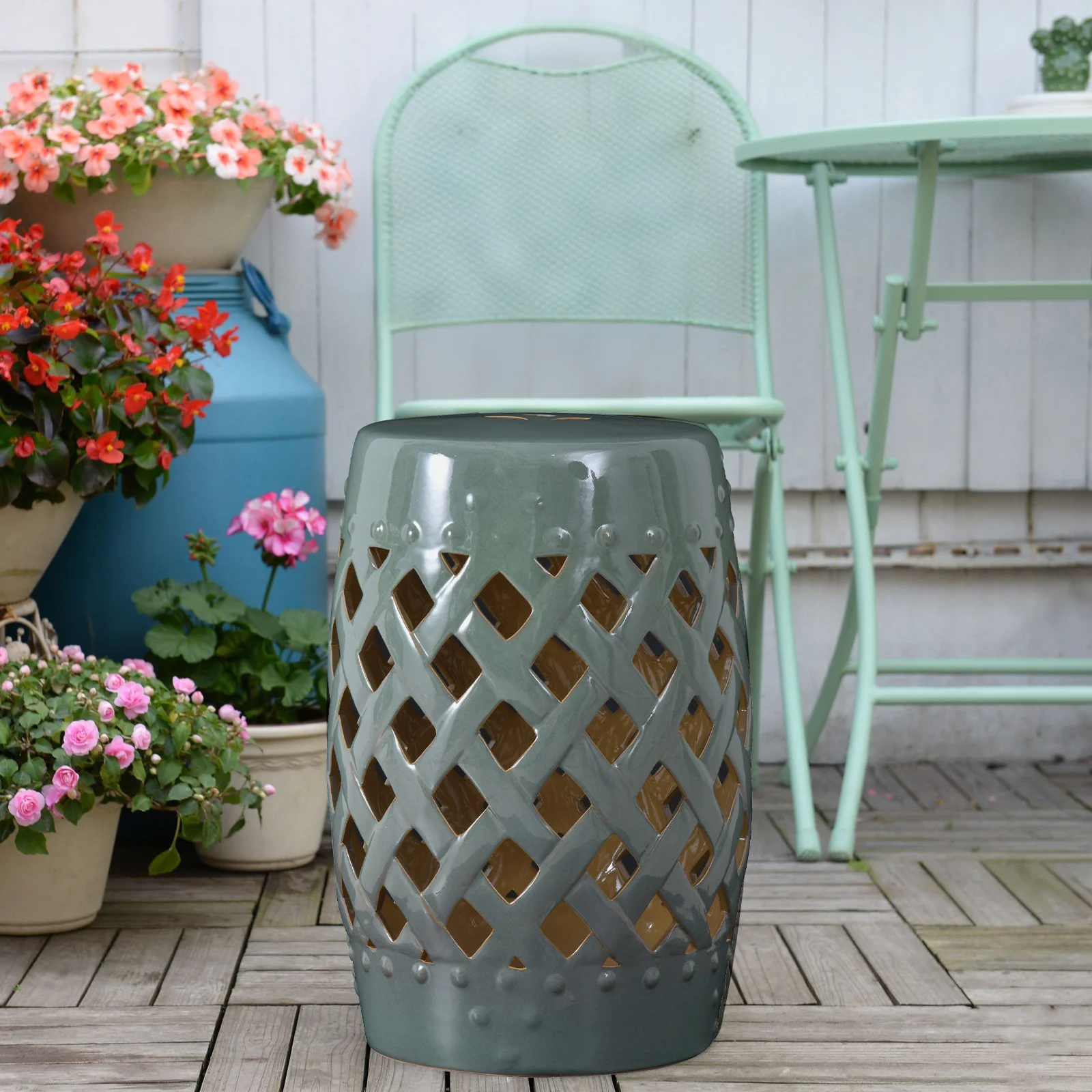 13" x 18" Keramik-Gartenhocker mit geflochtenem Gitterdesign, glasiert, dekor... – Bild 6