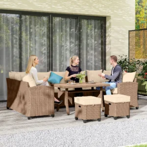 6-teiliges Polyrattan-Gartenmöbel-Set mit 3 Sofas, 2 Hockern und WPC-Esstisch...