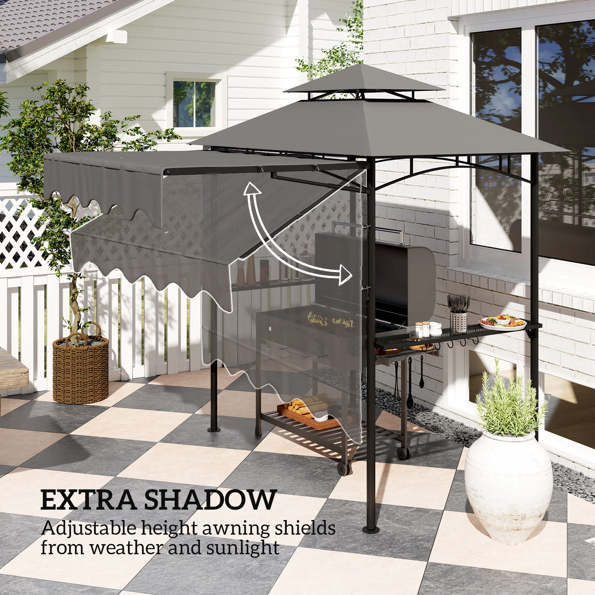 8 x 7,6 m Outdoor Grillpavillon mit Seitenmarkise, 2 Ablagen & 6 Haken, Dunke... – Bild 5
