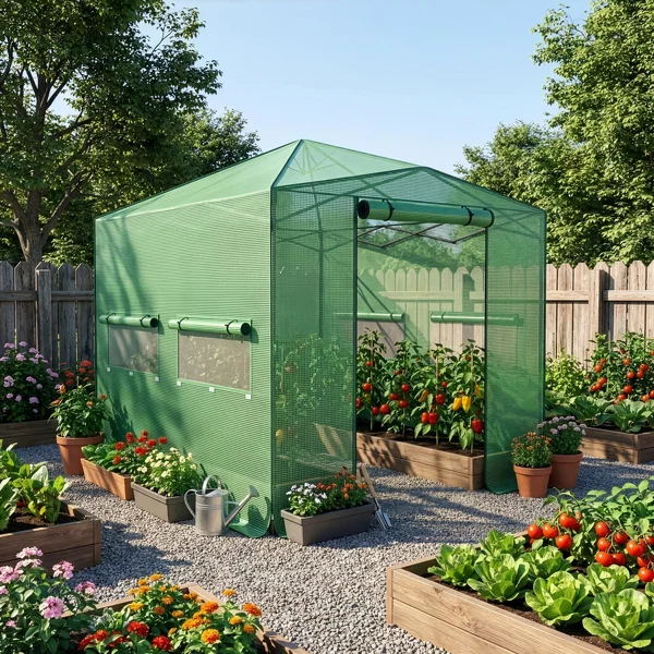 8 x 12 ft Plastic Spray Iron Pipe PE Net Folding Greenhouse Green – Image 3