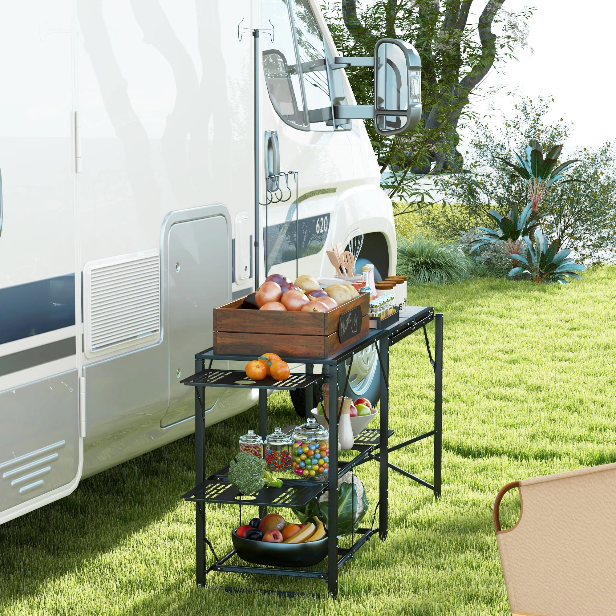 CampGlut Tragbare Campküche mit Lampenständer für einfaches Outdoor-Kochen.