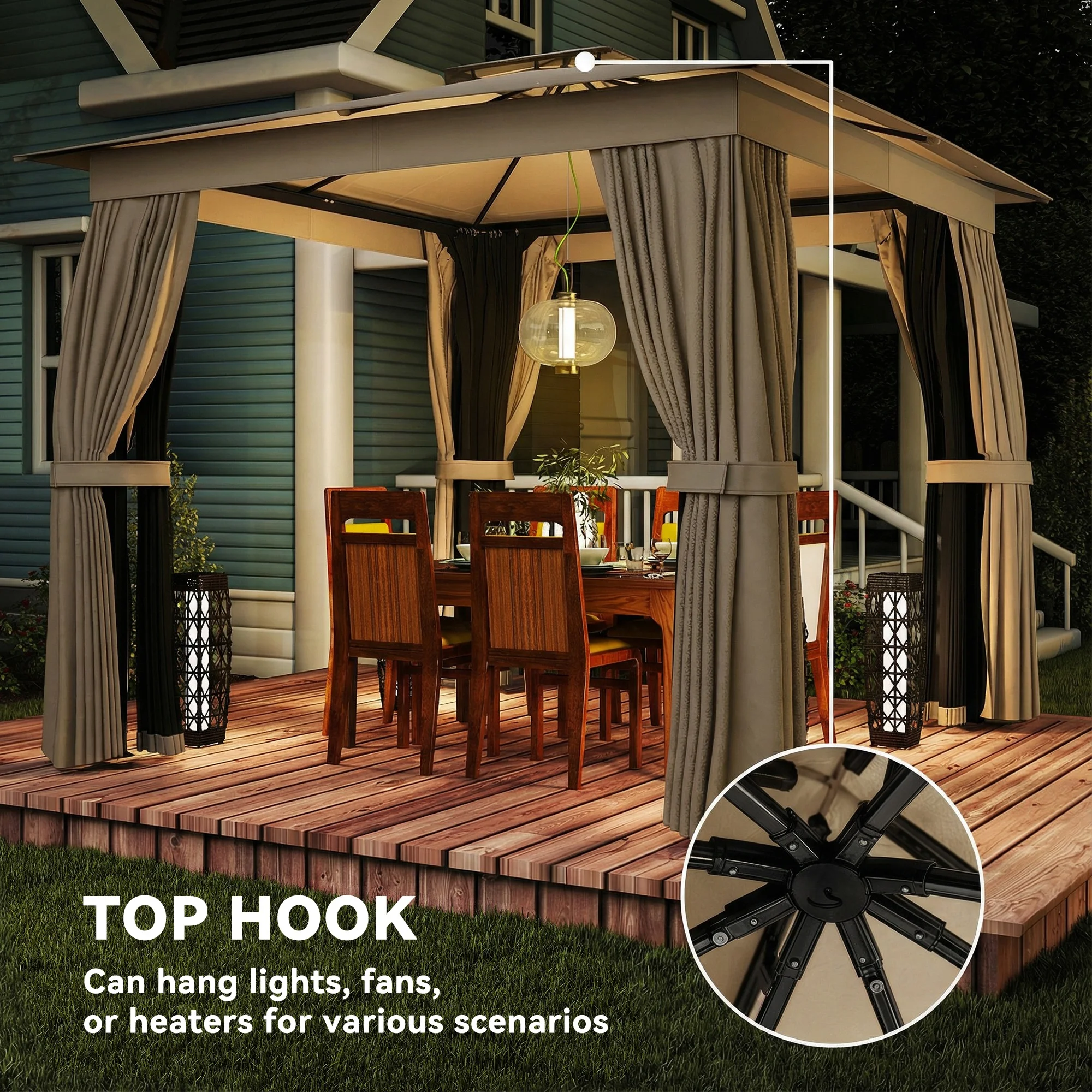 10 x 10 Outdoor Pavilion, Soft Top with Curtains, Netting, Steel Frame, Hooks, Khaki – Image 7