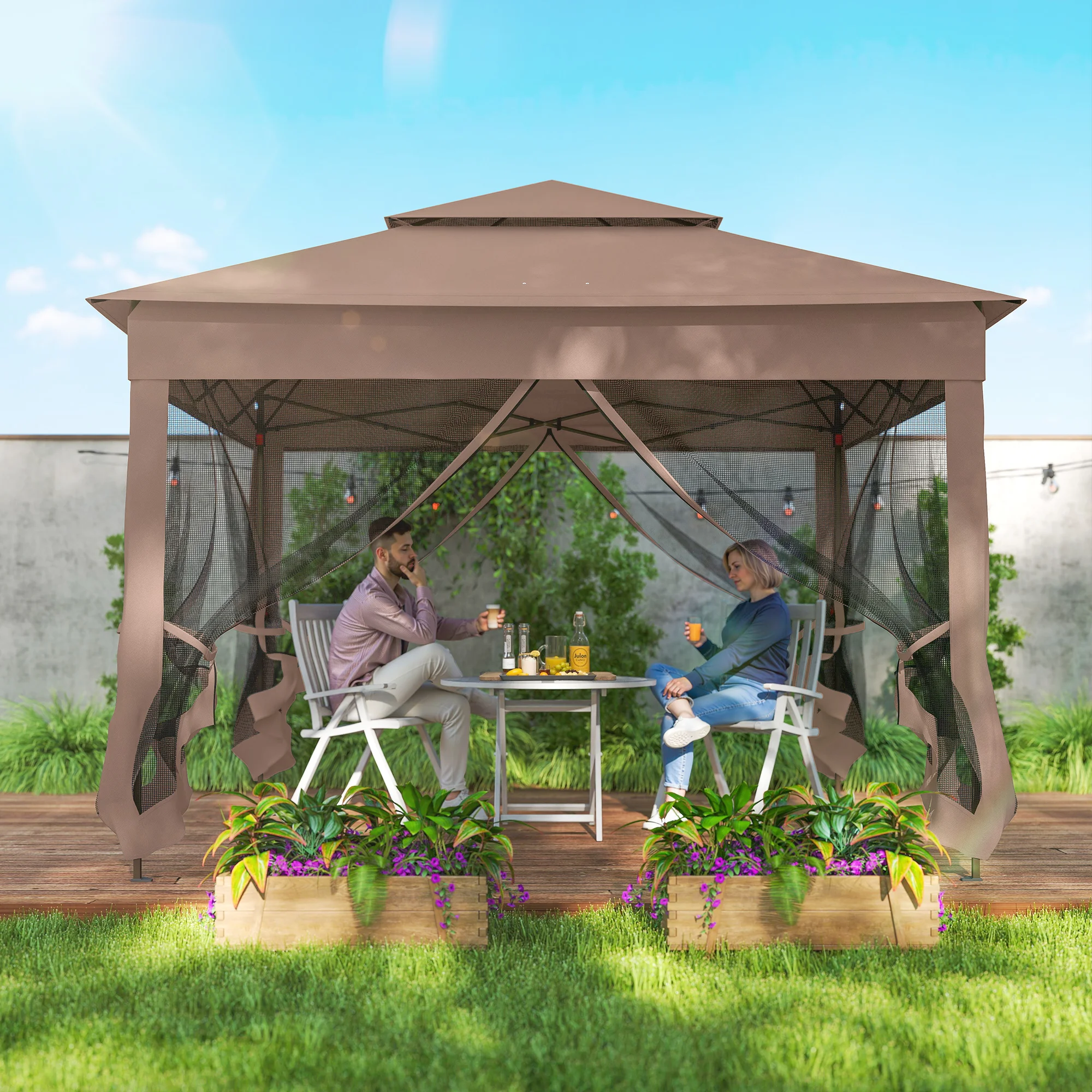Outdoor-Pavillon mit Reißverschlussnetz, Tragetasche, 11 x 11, Braun – Bild 6