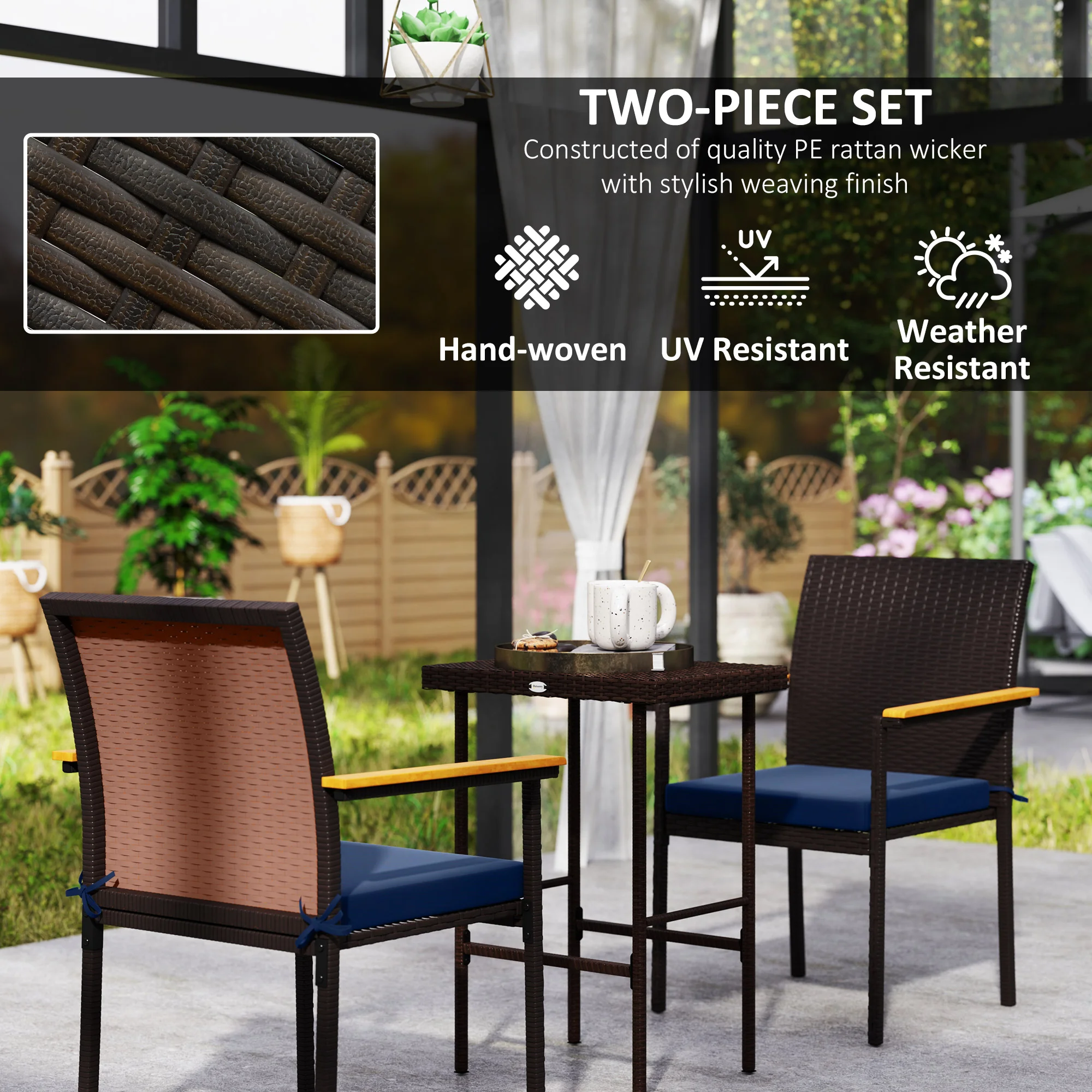 Stapelbarer Wicker-Essstuhl 2er-Set mit Polstern, Armlehnen, Navy – Bild 6