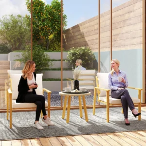 CampGlut 3-teiliges Bistro-Set mit Holzoptik-Metall und Polster.