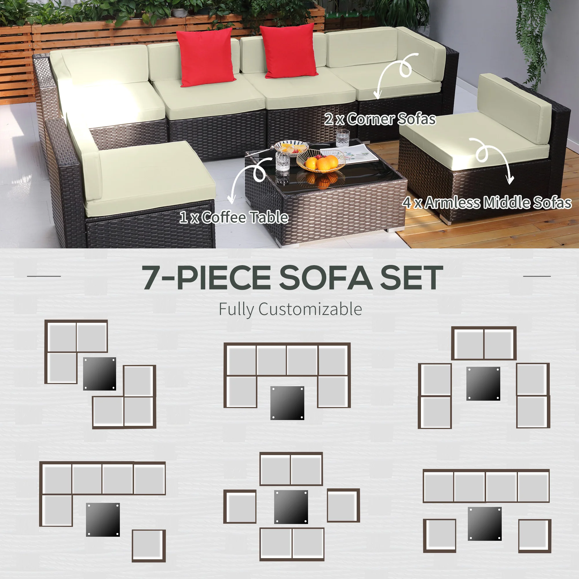 7-teiliges Outdoor-Sofa-Set mit Polstern, PE-Rattan, 75 cm Sitzmodul, Glastis... – Bild 2
