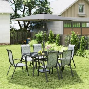 CampGlut Terrassenmöbel-Set mit großem Sonnenschirm.