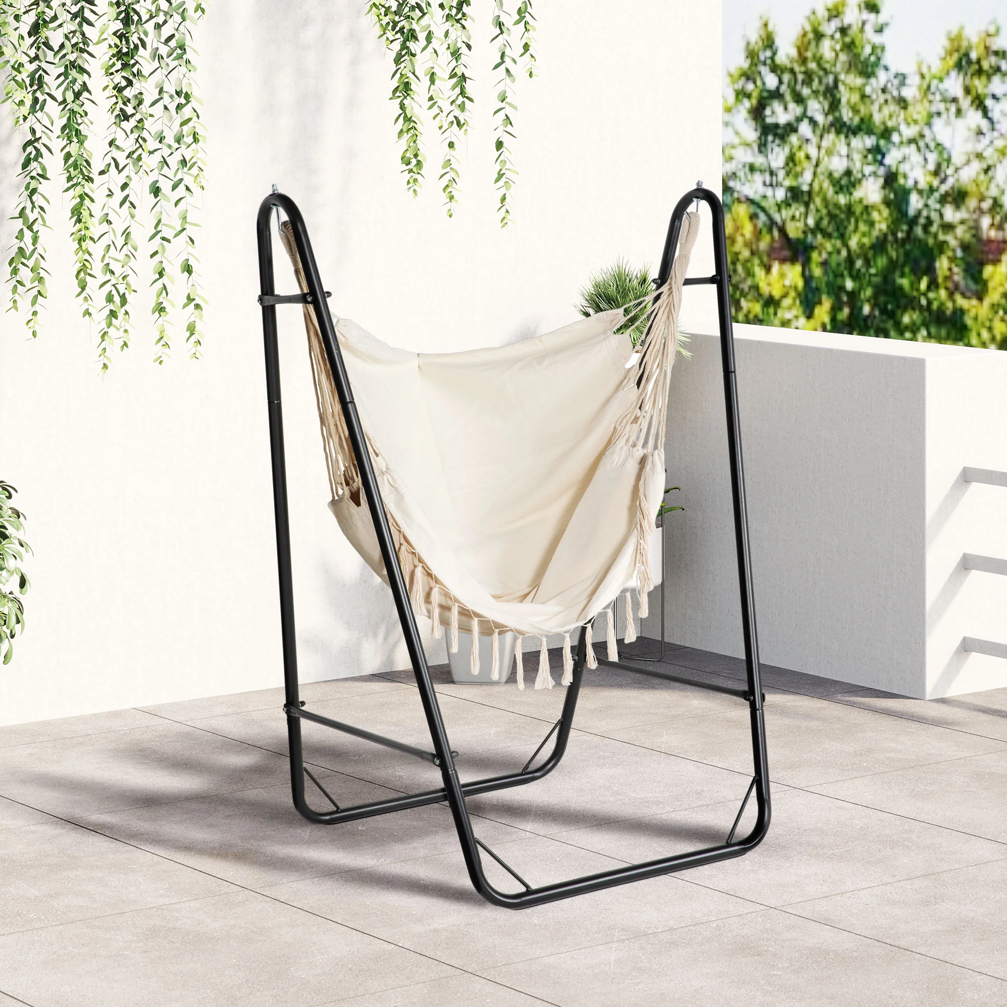 Hanging chair with U-stand, side pocket, cream white - Image 6