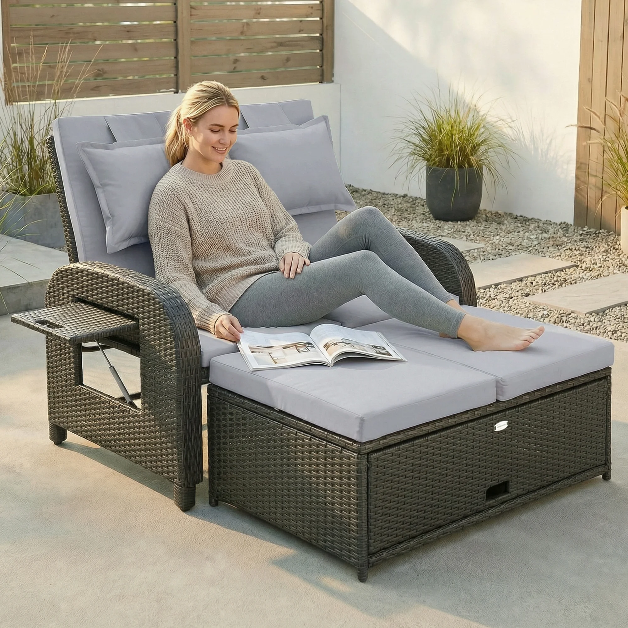 Terrassen-Rattan-Tagesbett, Korb-Außentagesbett mit Stauraum-Ottomane, Lovese... – Bild 6