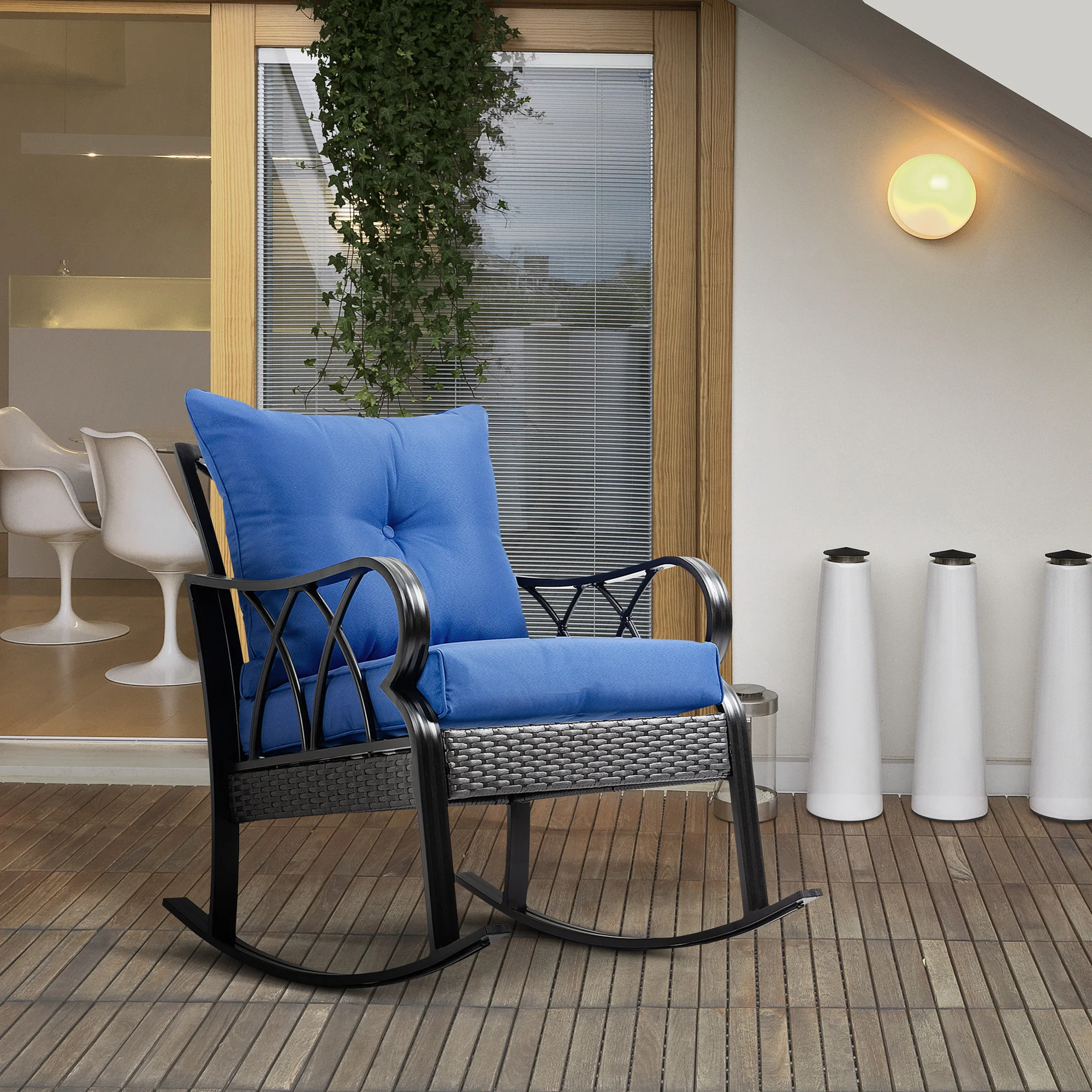 Fauteuil à bascule en rotin de jardin avec coussins, aluminium, accoudoirs, bleu - Imagen 8