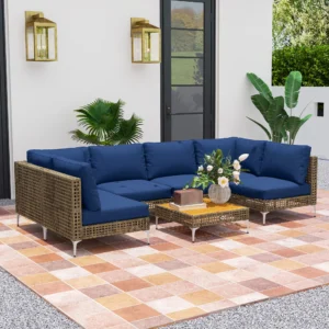 7-teiliges Polyrattan-Set, modulare Outdoor-Couch mit dicken Polstern, Akazie...