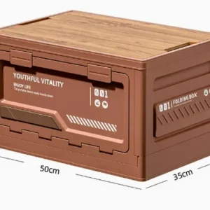 CampGlut Outdoor-Aufbewahrungsbox mit Holzdeckel und Seitentür.