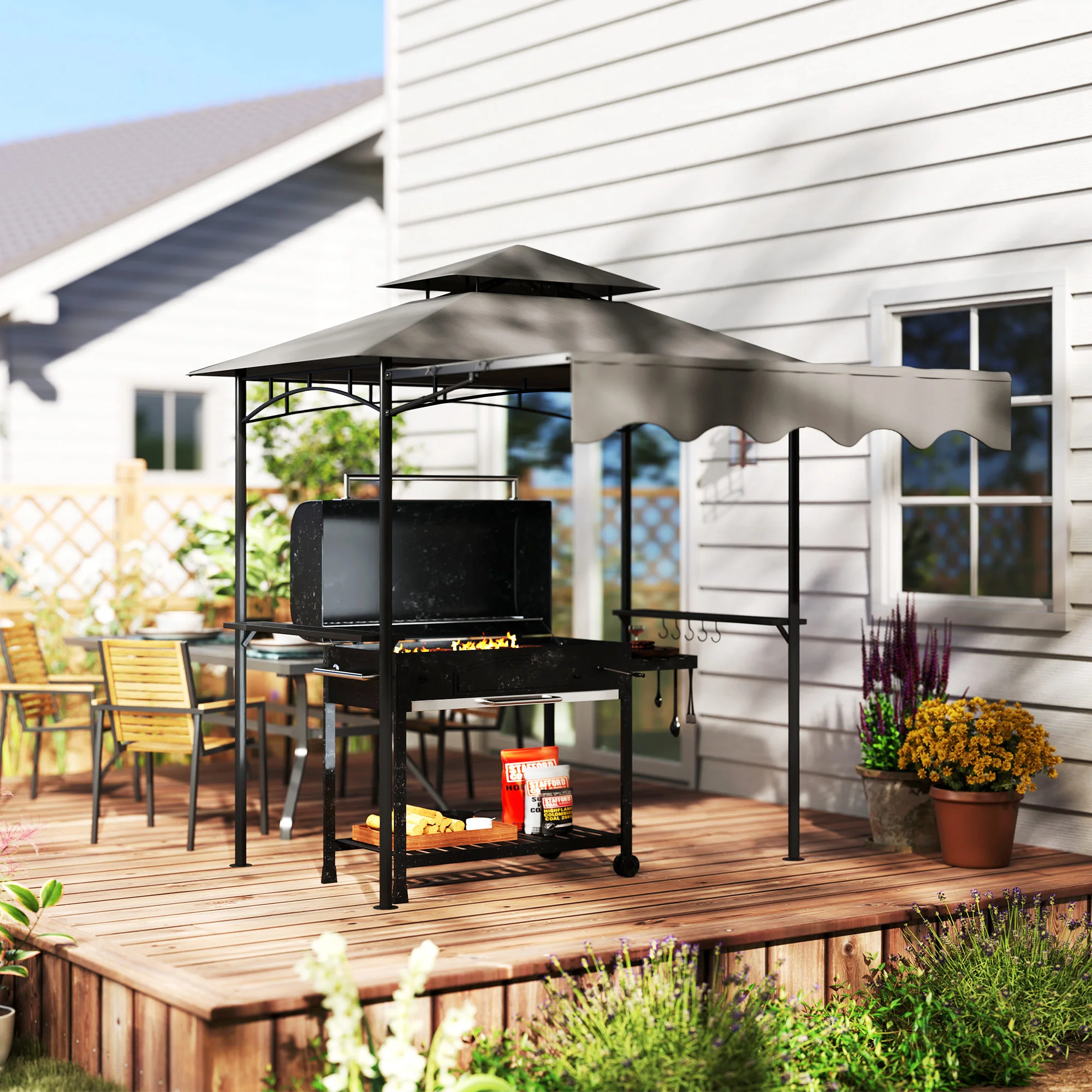 8 x 7,6 m Outdoor Grillpavillon mit Seitenmarkise, 2 Ablagen & 6 Haken, Dunke... – Bild 8