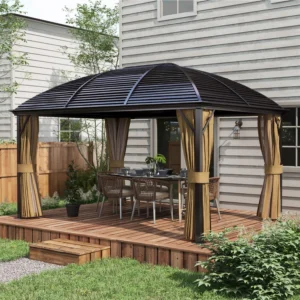 10 x 14 Hardtop-Pavillon mit Vorhängen, Netz, Stahldach, Haken, braun