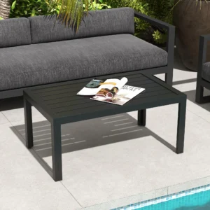 Rechteckiger Outdoor-Couchtisch aus Stahl mit Lamellenplatte, schwarz