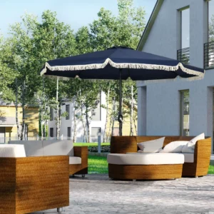 9ft Terrassenschirm mit Neigung, Kurbel, Rüschen, 8 Streben, dunkelblau