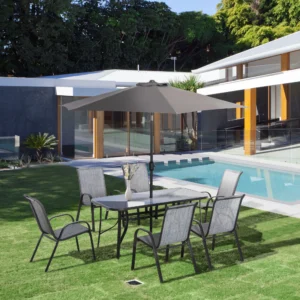8-teiliges Terrassenmöbel-Set mit 2,7m Schirm, Esstisch, 6 Stühlen, Kurbel-Ki...