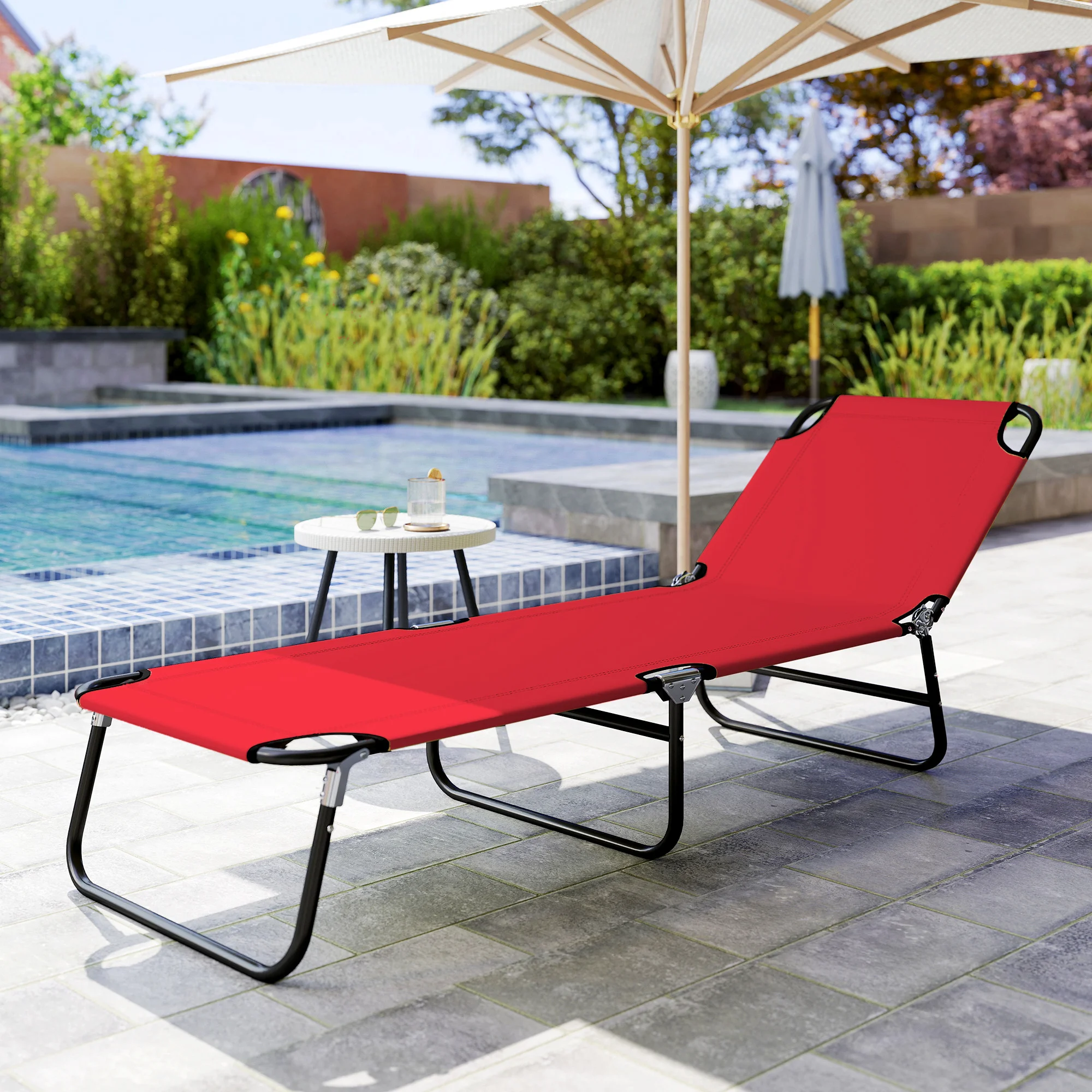 Klappbare Pool-Liegestühle, 5-stufig verstellbar, Stahlrahmen, Rot – Bild 7