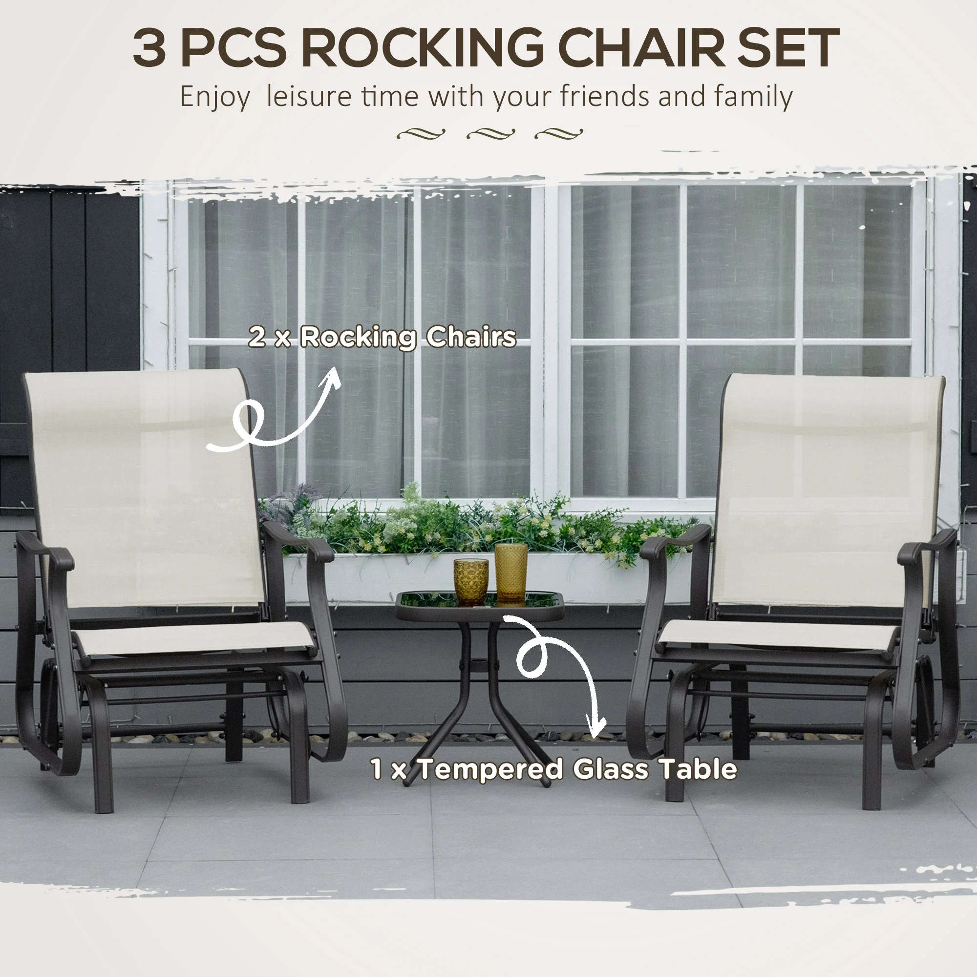 3-Piece Outdoor Rocking Bistro Set with Steel Frame, Tempered Glass Table – Image 5