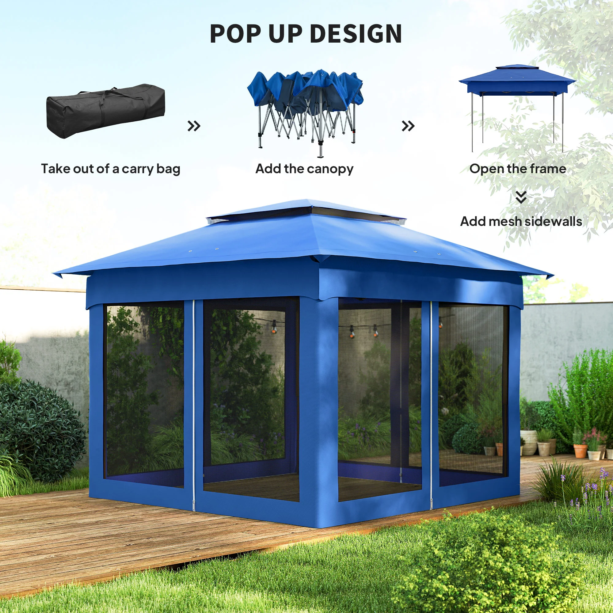 Outdoor-Pavillon mit Reißverschlussnetz, Tragetasche, 11 x 11, Blau – Bild 4