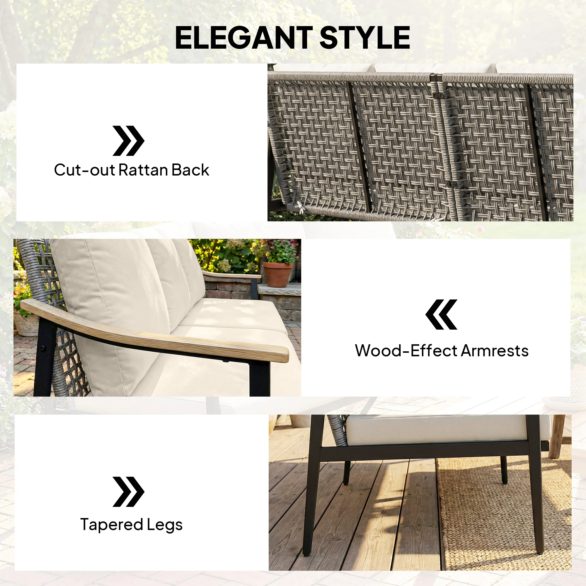 3-Sitzer Outdoor-Sofa mit Holzarmlehnen, Rattanrückenlehne, Kissen, Khaki – Bild 4