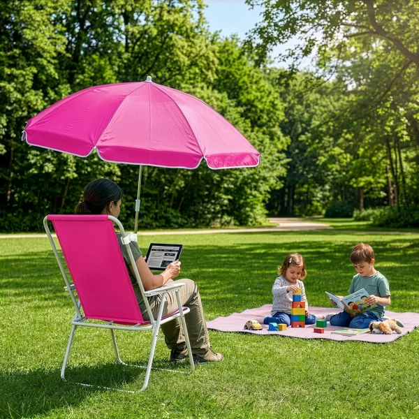 CampGlut Outdoor Chair, Schirm aufgespannt, ideal am See.