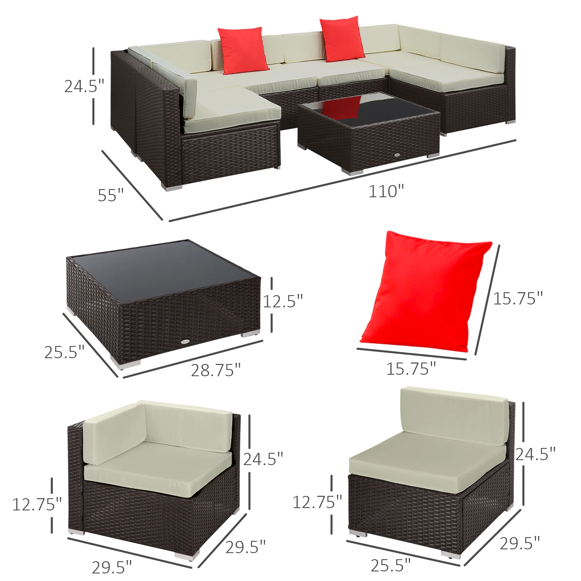 7-teiliges Outdoor-Sofa-Set mit Polstern, PE-Rattan, 75 cm Sitzmodul, Glastis... – Bild 6