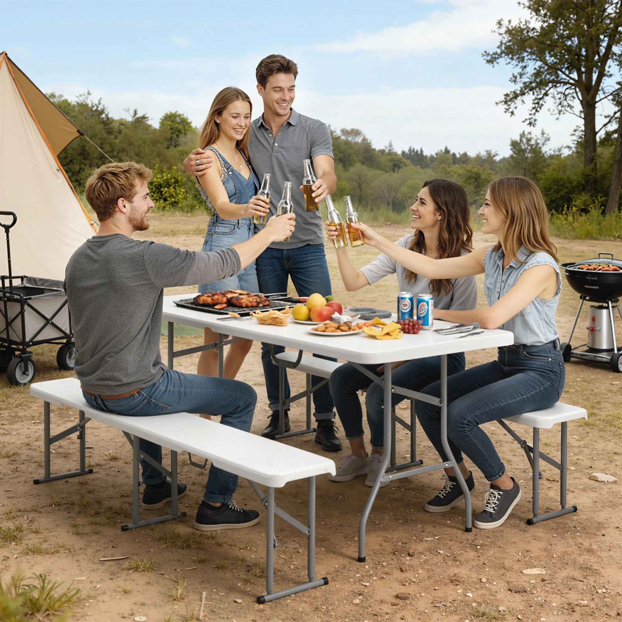 Tragbarer Campingtisch mit 3 Stühlen, 1,8 m, klappbar, mit Tragegriffen, für ...