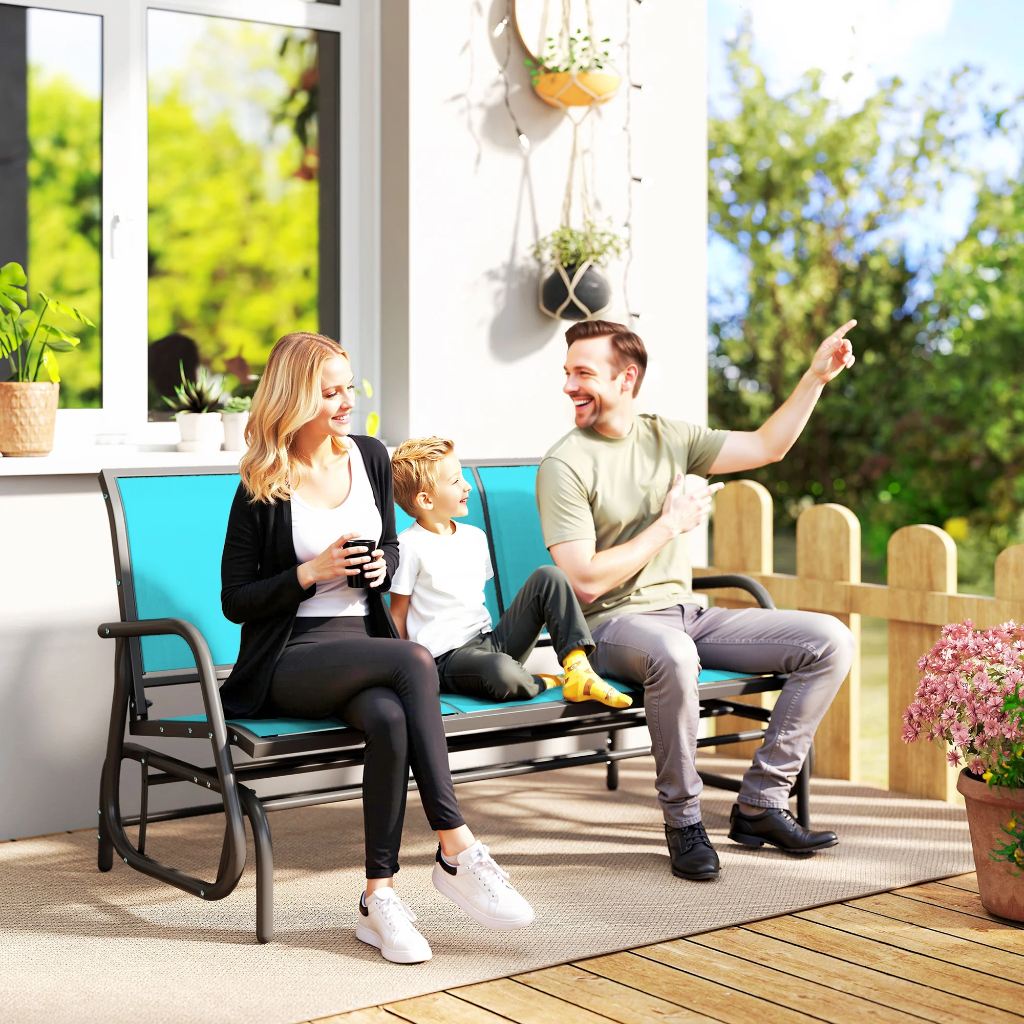 3-Sitzer Outdoor-Patioschaukelbank, Metallrahmen, blaues Netzgewebe