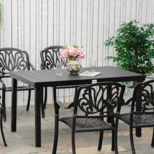 CampGlut Gartentisch für 6 Personen, rechteckig, Aluminiumbeine, Holzmaserung schwarz.