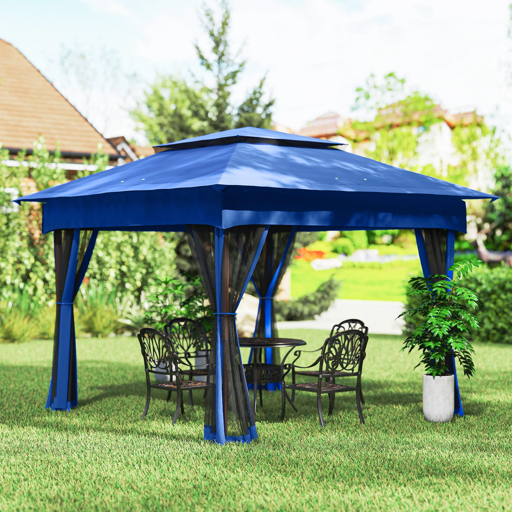 Outdoor-Pavillon mit Reißverschlussnetz, Tragetasche, 11 x 11, Blau – Bild 7