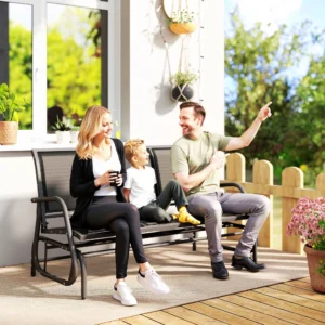 3-Sitzer Outdoor-Patioschaukel, Metallrahmen, atmungsaktives Mesh, Schwarz