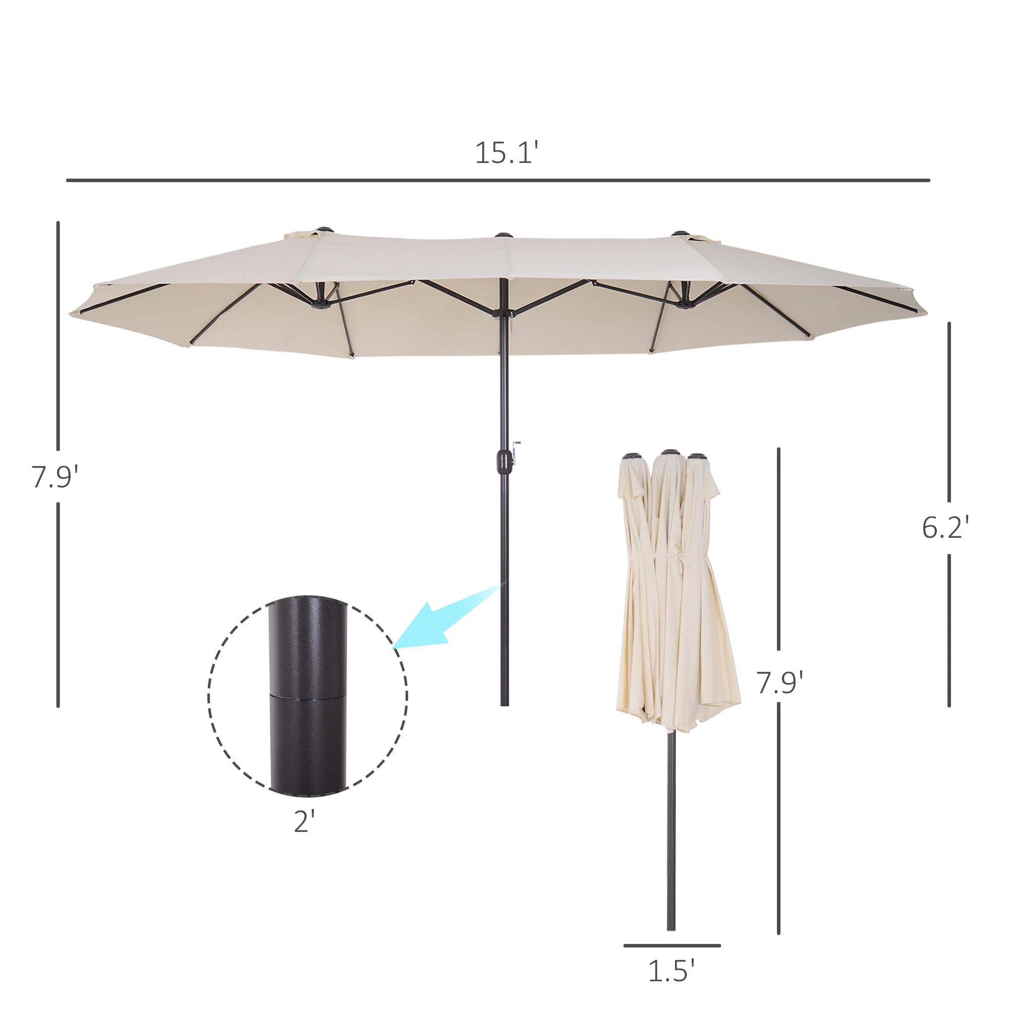 15ft Doppelseitiger Marktschirm, extra groß, mit Kurbel, für Terrasse, Rasen,... – Bild 6