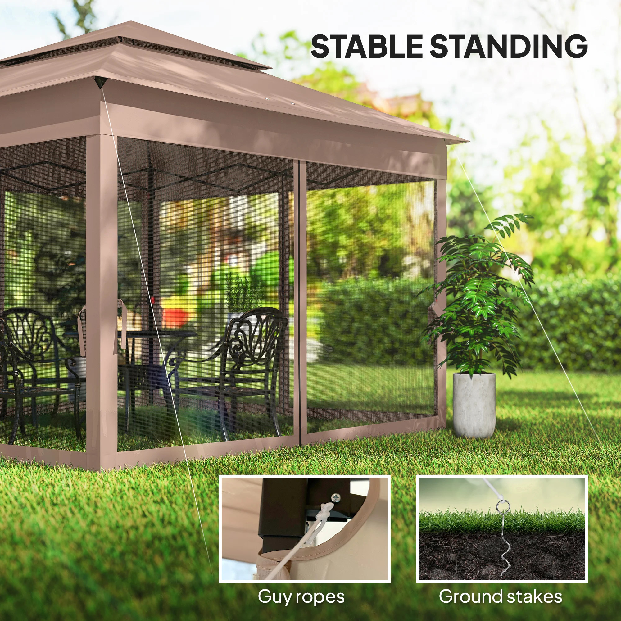 Outdoor-Pavillon mit Reißverschlussnetz, Tragetasche, 11 x 11, Braun – Bild 5