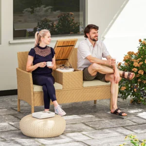 Terrassensofa aus Rattan mit Klapptisch und Kissen, Khaki