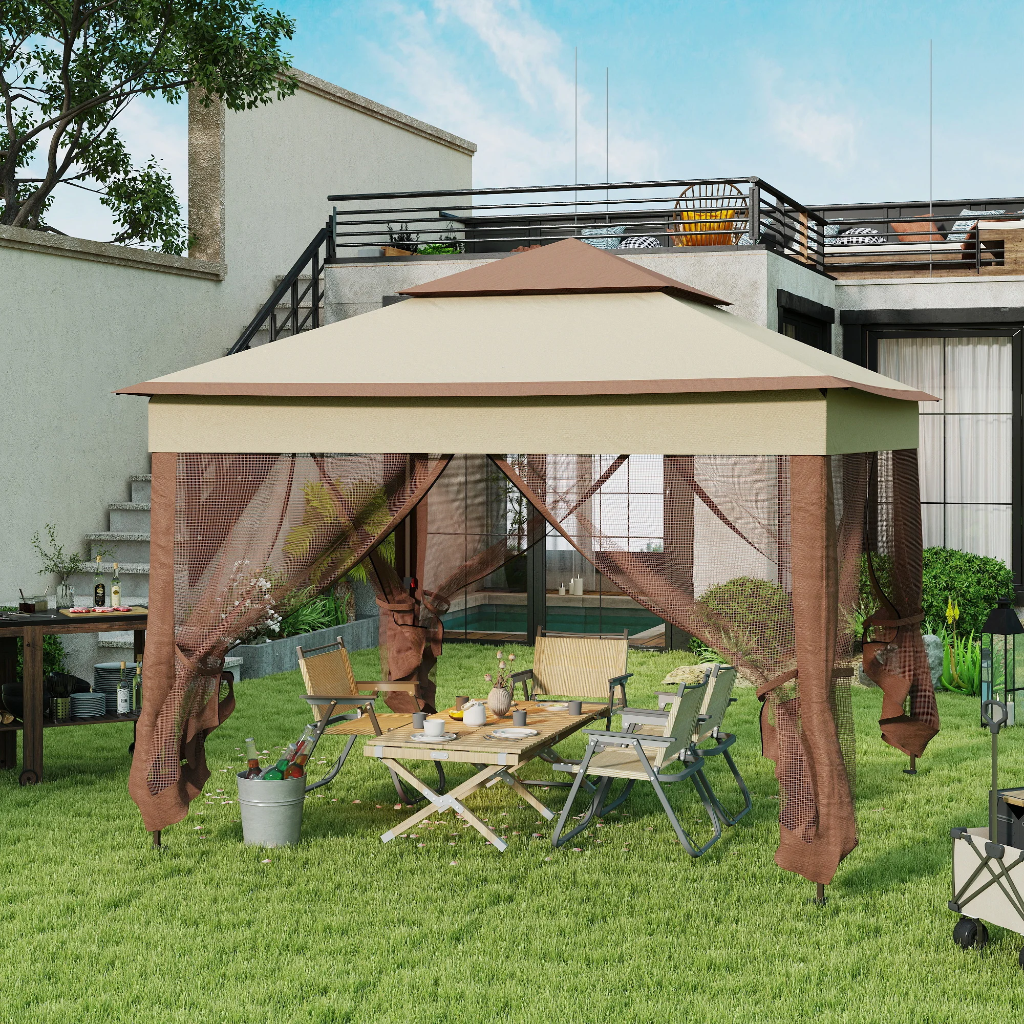 Outdoor-Pavillon mit Reißverschlussnetz, Tragetasche, 11 x 11, Khaki – Bild 2