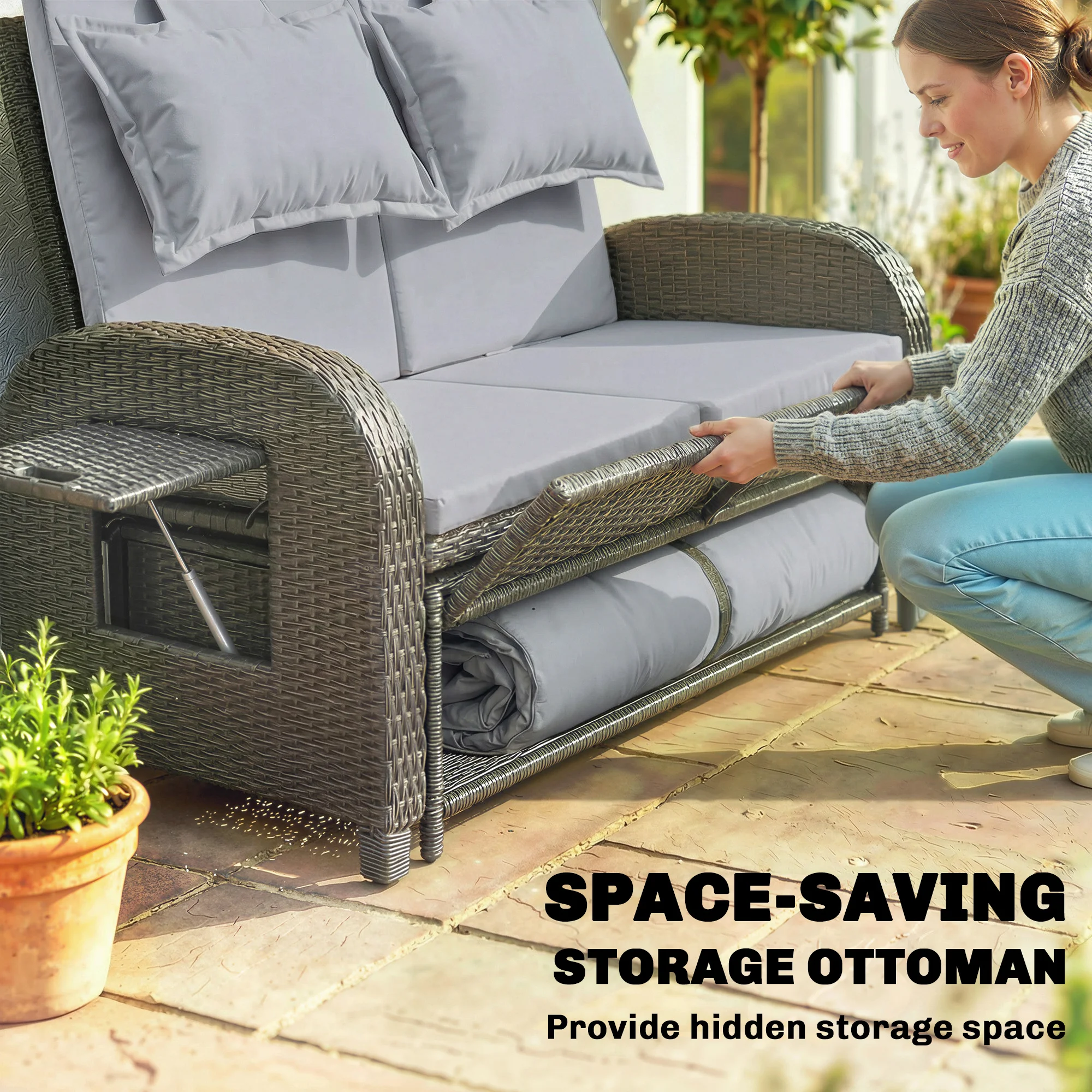 Terrassen-Rattan-Tagesbett, Korb-Außentagesbett mit Stauraum-Ottomane, Lovese... – Bild 8