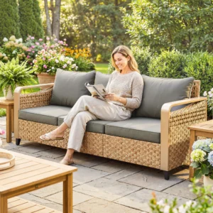 CampGlut Rattan Wicker Sofa 3-Sitzer mit Kissen.