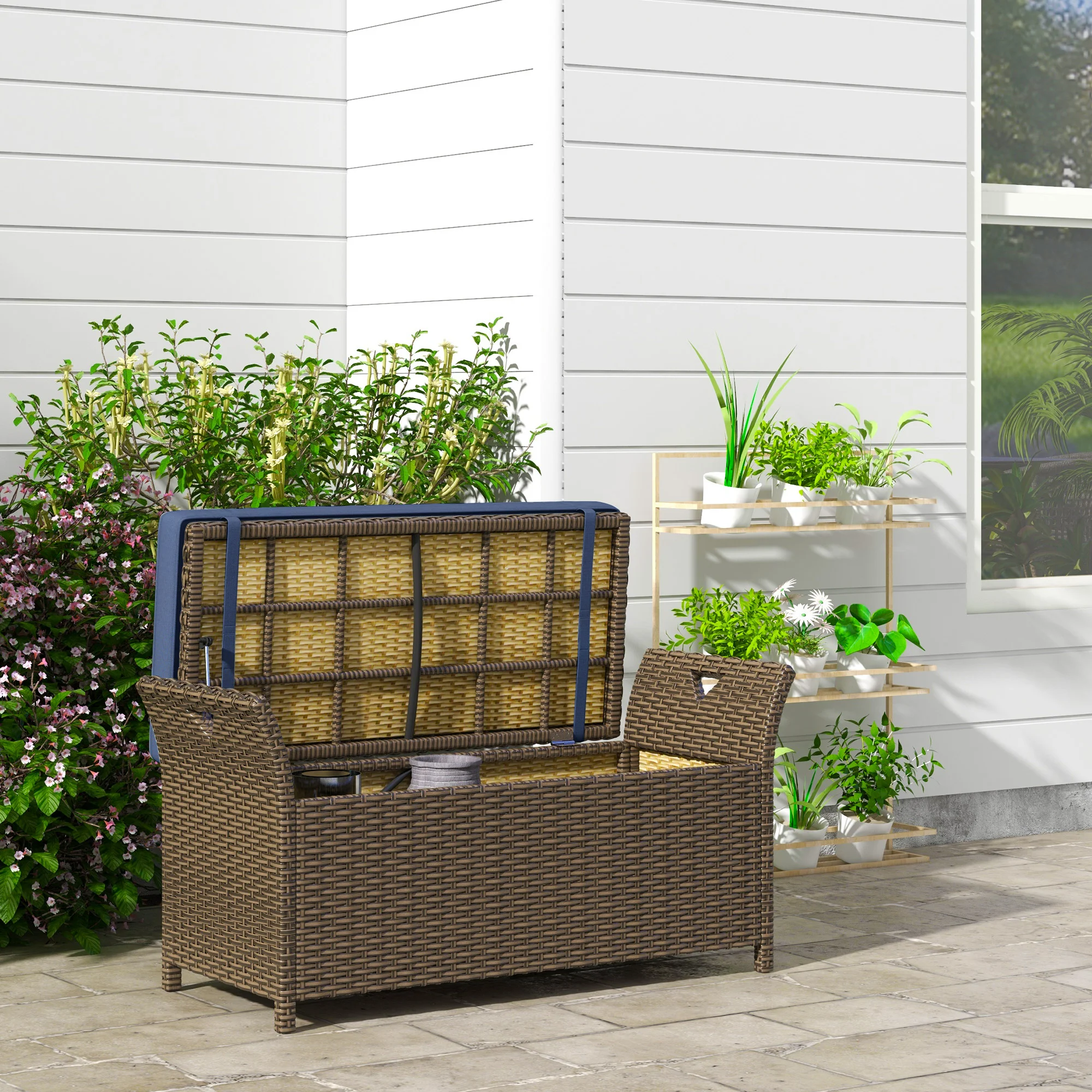 Outdoor Polyrattan-Sitzbank, 2-in-1 Terrassenmöbel, 110L Stauraum mit Kissen,...