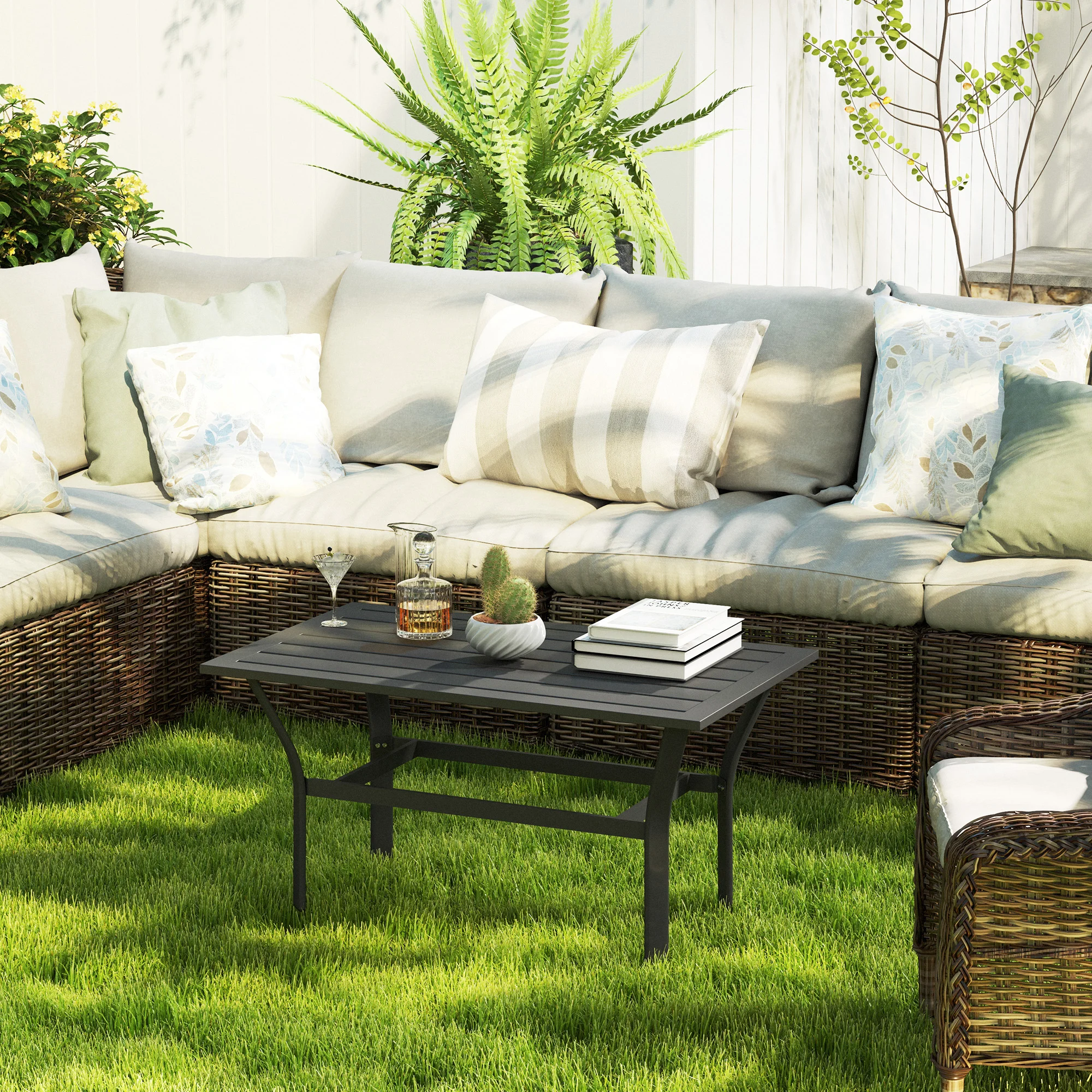 Mesa de centro para exteriores con tablero de lamas, mesa de centro metálica rectangular para jardín... - Image 2