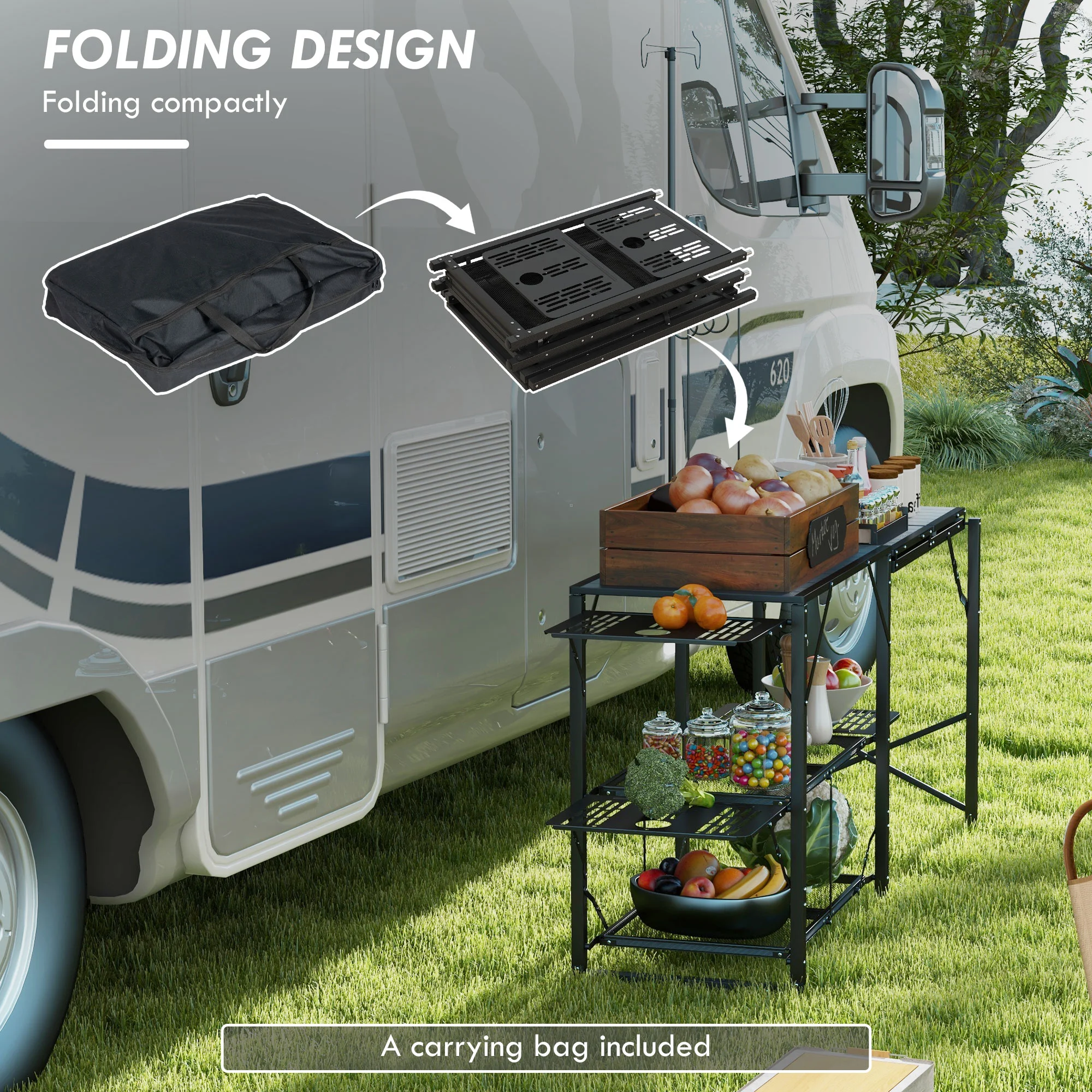 CampGlut Faltbare Outdoor-Küche mit Lampe für bequemes Kochen beim Camping.
